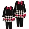 Size-5 BNJ-4938B 2-Piece BLACK/WHITE PINK Houndstooth Pull-Thru Satin Bow Trim Dress/Legging Outfit Set,B34938 Bonnie Jean LITTLE GIRLS