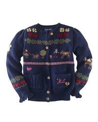 A mix of stitches and an allover intarsia design inspired by classic sampler knits give a handcrafted, heritage air to a sweet cotton cardigan. A mix of stitches and an allover intarsia design inspired by classic sampler knits give a handcrafted, heritage air to a sweet cotton cardigan.