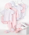 Start her off with this sugary sweet 22-piece set from Kyle & Deena for essentials that up the fabulous factor. Included: 1 footed coverall; 1 diaper cover; 3 pairs of socks; 2 caps; 1 hooded towel; 2 short-sleeved bodysuits; 2 bibs; 2 pairs of mittens; 1 short-sleeved tee; 6 washcloths and 1 pair of booties.