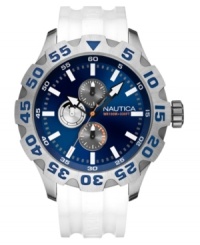 Cool, crisp design has never looked better. This Nautica watch features a white polyurethane strap and round stainless steel case. Blue multifunctional dial with white stick indices, logo and three subdials. Analog movement. Water resistant to 100 meters. Five-year limited warranty. Cool, crisp design has never looked better. This Nautica watch features a white polyurethane strap and round stainless steel case. Blue multifunctional dial with white stick indices, logo and three subdials. Analog movement. Water resistant to 100 meters. Five-year limited warranty.