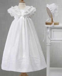 This stunning Cherish the Moment dress absolutely floats with a beautifully antiqued lace collar. Pintucked accents at the skirt and a ruffled bonnet complete the look. This stunning Cherish the Moment dress absolutely floats with a beautifully antiqued lace collar. Pintucked accents at the skirt and a ruffled bonnet complete the look.