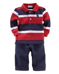 A preppy set features a striped polo and a comfortable fleece pant for sporty style. A preppy set features a striped polo and a comfortable fleece pant for sporty style.