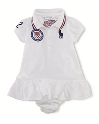 A preppy puff-sleeved polo dress in breathable stretch cotton mesh is accented with London embroidery to celebrate Team USA's participation in the 2012 Olympics. A preppy puff-sleeved polo dress in breathable stretch cotton mesh is accented with London embroidery to celebrate Team USA's participation in the 2012 Olympics.
