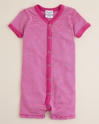 Absolutely adorable, totally comfortable, this striped shortall brings a heritage charm to your little gal's first wardrobe. Absolutely adorable, totally comfortable, this striped shortall brings a heritage charm to your little gal's first wardrobe.