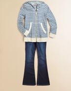 Heathery stripes on soft, looped French terry, refreshed with solid trim and warmed by a cozy hood.Attached hoodLong sleeves with solid ribbed cuffsZip frontSplit kangaroo pocketsSolid ribbed hem75% cotton/25% rayonMachine washImported