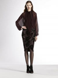 Satin gathered wrap skirt with velvet flowersTassel waist tieWrap styleTulip hemline61% silk/39% viscoseDry cleanMade in Italy of imported fabricModel shown is 5'11 (180cm) wearing US size 4. Satin gathered wrap skirt with velvet flowersTassel waist tieWrap styleTulip hemline61% silk/39% viscoseDry cleanMade in Italy of imported fabricModel shown is 5'11 (180cm) wearing US size 4.