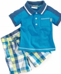 The perfect addition. Bolster up his basics with this darling color-blocked polo shirt and plaid short set from First Impressions. The perfect addition. Bolster up his basics with this darling color-blocked polo shirt and plaid short set from First Impressions.