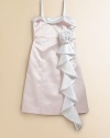 This beautiful, satin, pastel-hued frock with rosette and ruffle detail is extra special for every fancy occasion.SquareneckSleevelessSide zipperBack vented hemPolyesterDry cleanMade in the USA of imported fabric