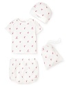 A gorgeous, very gift-able infant set, including a printed hat, tee and bloomer--all bundled in a matching drawstring bag.