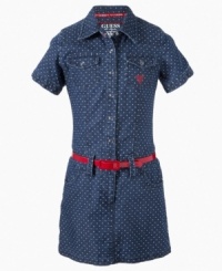 On the spot. Allover polka dots and a cute accessory belt accent this shirtwaist dress from Guess. On the spot. Allover polka dots and a cute accessory belt accent this shirtwaist dress from Guess.