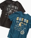 Keep his style popping even on casual days with this standout graphic t-shirt from Guess.