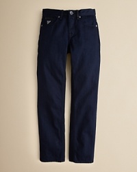 These jeans rock. A classic denim style is updated with back flap pockets and subtle weathering for a cool-for-school look he'll jam all year long. These jeans rock. A classic denim style is updated with back flap pockets and subtle weathering for a cool-for-school look he'll jam all year long.