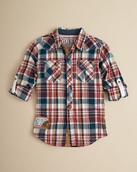 An autumn plaid with plenty of attitude. This button down shirt is updated with contrast corduroy trim at the placket, contrast button tab sleeves and a logo patch at the left side. An autumn plaid with plenty of attitude. This button down shirt is updated with contrast corduroy trim at the placket, contrast button tab sleeves and a logo patch at the left side.