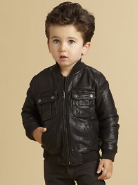 Luxe, supple leather, tailored in a classic, distressed bomber silhouette with plenty of pockets.Ribbed stand collarLong sleeves with ribbed cuffsFront zipFront snap flap pocketsAngled hand pocketsRibbed hemBuffalo leatherDry cleanImported Luxe, supple leather, tailored in a classic, distressed bomber silhouette with plenty of pockets.Ribbed stand collarLong sleeves with ribbed cuffsFront zipFront snap flap pocketsAngled hand pocketsRibbed hemBuffalo leatherDry cleanImported