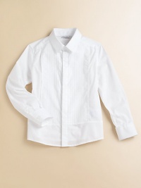 A distinguished cotton shirt, just like the grown-up version, with handsome front tuxedo pleats and faux French cuffs.Modified point collarPleated frontHidden button placketButton cuffsBack dartsCottonMachine washImported A distinguished cotton shirt, just like the grown-up version, with handsome front tuxedo pleats and faux French cuffs.Modified point collarPleated frontHidden button placketButton cuffsBack dartsCottonMachine washImported