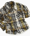 A long-sleeved shirt from LRG in a back-to-school plaid with pocket and sleeve styling that puts it on a creative curriculum.