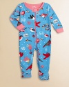 Watch the birdies tweet and chirp on this charming print of soft cotton knit to keep your baby comfy.Ribbed crewneckSnap neck tabFront and leg zipperLong sleeves with contrast ribbed cuffsFeet with non-slip dots on solesCottonMachine washImported