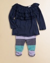 Your little princess will be comfy in this two-piece set with a ruffled neckline and glittery striped pants. BoatneckThree-tiered ruffle hem at necklineLong sleevesPullover styleElastic waistbandRuching at leg openingsAdditional InformationKid's Apparel Size Guide 