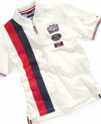 Start your engines. He'll never tire of the sleek modern style on this half-zip polo shirt from Tommy Hilfiger. Start your engines. He'll never tire of the sleek modern style on this half-zip polo shirt from Tommy Hilfiger.