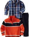 Izod Kids Baby-boys Infant Stripe 1/4 Zip Sweater With Plaid Woven Shirt and Pant, Orange, 12 Months