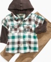 Start his day off right and get him pumped up in plaid with this rugged thermal shirt and pant set from Nannette.