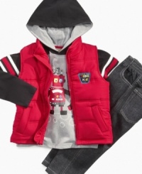 Program an adorable look. This robot hoodie, puffer vest and jeans set lets him stock his closet with a digital style. Program an adorable look. This robot hoodie, puffer vest and jeans set lets him stock his closet with a digital style.
