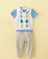 Start his scholarly style early in this preppy tee shirt, sweater vest and pant set from First Impressions.