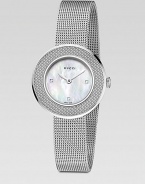 From the U-Play Collection. A sleek stainless steel timepiece with a textured bezel and sparkling diamond markers. Swiss quartz movementWater resistant to 3 ATMRound stainless steel case, 27mm (1)Mesh motif bezelMother-of-pearl dialDiamond markersStainless steel link braceletMade in Switzerland 