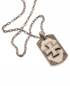 Show your faith in sleek stainless steel. This men's cross pendant by the Simmons Jewelry Co. features a unique dog tag and raised cross design. Approximate length: 22 inches. Approximate drop: 2-1/8 inches.