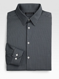 A modern, finely tailored addition to the 9-to-5 wardrobe in new-look gingham checks. Buttonfront Point collar 98% cotton/2% elastane Dry clean Imported A modern, finely tailored addition to the 9-to-5 wardrobe in new-look gingham checks. Buttonfront Point collar 98% cotton/2% elastane Dry clean Imported