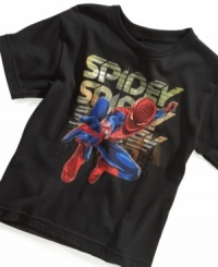 Give your amazing wall crawler an extra-added superpower with a glow-in-the-dark graphic of Spidey on this T-Shirt from Mad Engine. Give your amazing wall crawler an extra-added superpower with a glow-in-the-dark graphic of Spidey on this T-Shirt from Mad Engine.