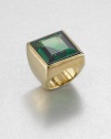 From the Cocktail Collection. Emerald in cut and emerald in color, this square of beveled glass sits within a simple golden setting atop a wide smooth band.GlassGoldtoneAbout .75 squareImported