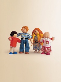 Made entirely from recycled materials, this set of four dolls has moveable arms and legs and comes dressed in colorful clothes. For ages 3 and up Set includes: father, mother and two children. Scaled to fit Plan Dollhouses. All sets are ideal for encouraging children to engage in role-playing and learning about different cultures and backgrounds About 2¼W X 5¼H X 1¼D Keep dry Imported Made entirely from recycled materials, this set of four dolls has moveable arms and legs and comes dressed in colorful clothes. For ages 3 and up Set includes: father, mother and two children. Scaled to fit Plan Dollhouses. All sets are ideal for encouraging children to engage in role-playing and learning about different cultures and backgrounds About 2¼W X 5¼H X 1¼D Keep dry Imported