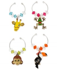 When at a party, it can be a jungle out there. This wine glass charm set from Betsey Johnson will help you navigate it. Crafted from silver-tone mixed metal with cute critters made from beaded accents, the charms sure your glass doesn't get lost in the crowd. Items come packaged in a signature Betsey Johnson Gift Box. Approximate drop, parrot: 1-1/4 inches; frog: 1 inch; giraffe: 1 inch; monkey: 3/4 inch. When at a party, it can be a jungle out there. This wine glass charm set from Betsey Johnson will help you navigate it. Crafted from silver-tone mixed metal with cute critters made from beaded accents, the charms sure your glass doesn't get lost in the crowd. Items come packaged in a signature Betsey Johnson Gift Box. Approximate drop, parrot: 1-1/4 inches; frog: 1 inch; giraffe: 1 inch; monkey: 3/4 inch.