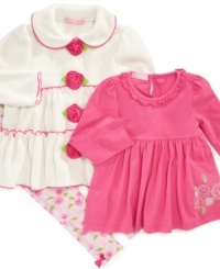 Lovely and sweet is this comfy, warm, and versatile 3 piece coat, top, and legging set by Kids Headquarters. She will look adorable. Lovely and sweet is this comfy, warm, and versatile 3 piece coat, top, and legging set by Kids Headquarters. She will look adorable.
