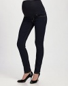 The sleek, skinny-leg silhouette of dark denim with an expandable, elastic belly panel is the ultimate choice in maternity style. THE FITSlim-leg Rise, about 11 Inseam, about 34½THE DETAILSFaux fly Five-pocket style Contrast topstitching Dark washCotton/polyester/lycra; machine wash Made in USA 