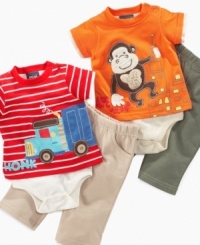 No matter how he prefers to get around, your sweet boy will be completely comfortable in one of these fun bodysuit and pant sets from Mini Bean. No matter how he prefers to get around, your sweet boy will be completely comfortable in one of these fun bodysuit and pant sets from Mini Bean.