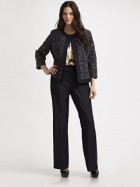 Exquisitely designed for flattering style, a classic tweed with solid trim and modern three-quarter sleeves. Round neckThree-quarter sleevesSnap closureSolid pipingFully linedAbout 24 from shoulder to hem54% cotton/46% polyesterDry cleanImported Exquisitely designed for flattering style, a classic tweed with solid trim and modern three-quarter sleeves. Round neckThree-quarter sleevesSnap closureSolid pipingFully linedAbout 24 from shoulder to hem54% cotton/46% polyesterDry cleanImported