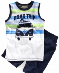 He'll be the ultimate road-tripper in this cute muscle t-shirt and short set from Nannette. He'll be the ultimate road-tripper in this cute muscle t-shirt and short set from Nannette.