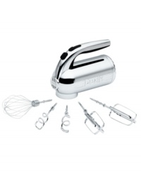 Give a hand to better baking! Five efficient speeds fit right into your palm to command professional prep powered by a heavy-duty motor that never backs down. Cleanup and pack-up are a breeze with precision attachments that minimize mess and a retractable cord that winds easily into the rear cap. 1-year limited warranty. Model 88520. Give a hand to better baking! Five efficient speeds fit right into your palm to command professional prep powered by a heavy-duty motor that never backs down. Cleanup and pack-up are a breeze with precision attachments that minimize mess and a retractable cord that winds easily into the rear cap. 1-year limited warranty. Model 88520.
