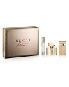 The bottle is the iconic Gucci shape and the sparkling fragrance is sophisticated, young and timeless. Top notes: Begamot and blackberry. Middle notes: Orange blossom and wild fur accord. Base notes: Patchouli and Sandalwood. Set contains: Eau de Parfum (75ml, 2.5 oz.), Body Creme (50ml, 1.7 oz.), Portable Fragrance (7.4ml, 0.25 oz.). 