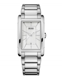 Dress up or down, this sleek Hugo Boss timepiece will make you the center of attention. Crafted of stainless steel bracelet and rectangular case. Silver tone dial with grid-patterned inner dial, applied stick indices, three hands, logo at twelve o'clock and date window at six o'clock. Quartz movement. Water resistant to 30 meters. Two-year limited warranty. Dress up or down, this sleek Hugo Boss timepiece will make you the center of attention. Crafted of stainless steel bracelet and rectangular case. Silver tone dial with grid-patterned inner dial, applied stick indices, three hands, logo at twelve o'clock and date window at six o'clock. Quartz movement. Water resistant to 30 meters. Two-year limited warranty.