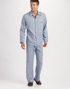 The height of nighttime luxury in premier woven cotton with a brushed texture and classic plaid pattern. Machine wash. Imported.SHIRTSpread collarButtonfrontThree front pocketsPANTSSide elastic waist insetsNo flySide pocketsInseam, about 31