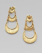 A lustrous piece with graduated textured crescents. 14k goldplated white metal alloy Drop, about 3 Clip back Made in USA 