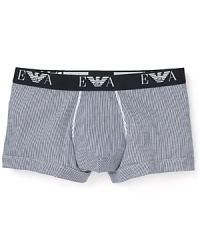Say it with stripes. Your style starts with this comfy striped trunk from Emporio Armani, accented with a logo waistband and contrast topstitching. Say it with stripes. Your style starts with this comfy striped trunk from Emporio Armani, accented with a logo waistband and contrast topstitching.