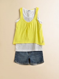 Double the fun in this striking, layered tank with a solid top and striped bottom.Gathered scoopneckSleevelessPullover styleLayered hemSolid: 100% jerseyStriped: 60% cotton/40% polyesterMachine washImported Double the fun in this striking, layered tank with a solid top and striped bottom.Gathered scoopneckSleevelessPullover styleLayered hemSolid: 100% jerseyStriped: 60% cotton/40% polyesterMachine washImported
