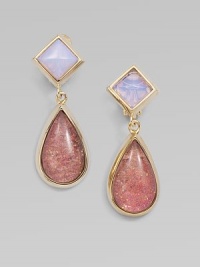A pretty drop of glossy resin over glitter accented water snake skin with opal details set in 14k goldplating. Glitter accented water snake skinResin14k goldplated white metal alloyReconstituted opalDrop, about 1½Clip-on backMade in USA A pretty drop of glossy resin over glitter accented water snake skin with opal details set in 14k goldplating. Glitter accented water snake skinResin14k goldplated white metal alloyReconstituted opalDrop, about 1½Clip-on backMade in USA