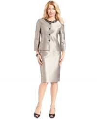 Refined shantung fabric and sparkling faceted stones create an elegant look, from Kasper. Three-quarter-length sleeves make a perfect showcase for a favorite bracelet, too. Refined shantung fabric and sparkling faceted stones create an elegant look, from Kasper. Three-quarter-length sleeves make a perfect showcase for a favorite bracelet, too.