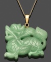 Symbolic and stylish. An intricate dragon is carved into a jade gemstone (25 mm x 31 mm) on this stunning pendant necklace. Crafted in 14k gold. Approximate length: 18 inches. Approximate drop: 1-1/4 inches.