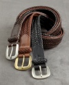 The braided belt – a preppy classic – is back in this casual update. Italian saddle leather belt in a classic Derby braid is 1 1/4 wide and features a matte-finish silver/gold tone buckle.